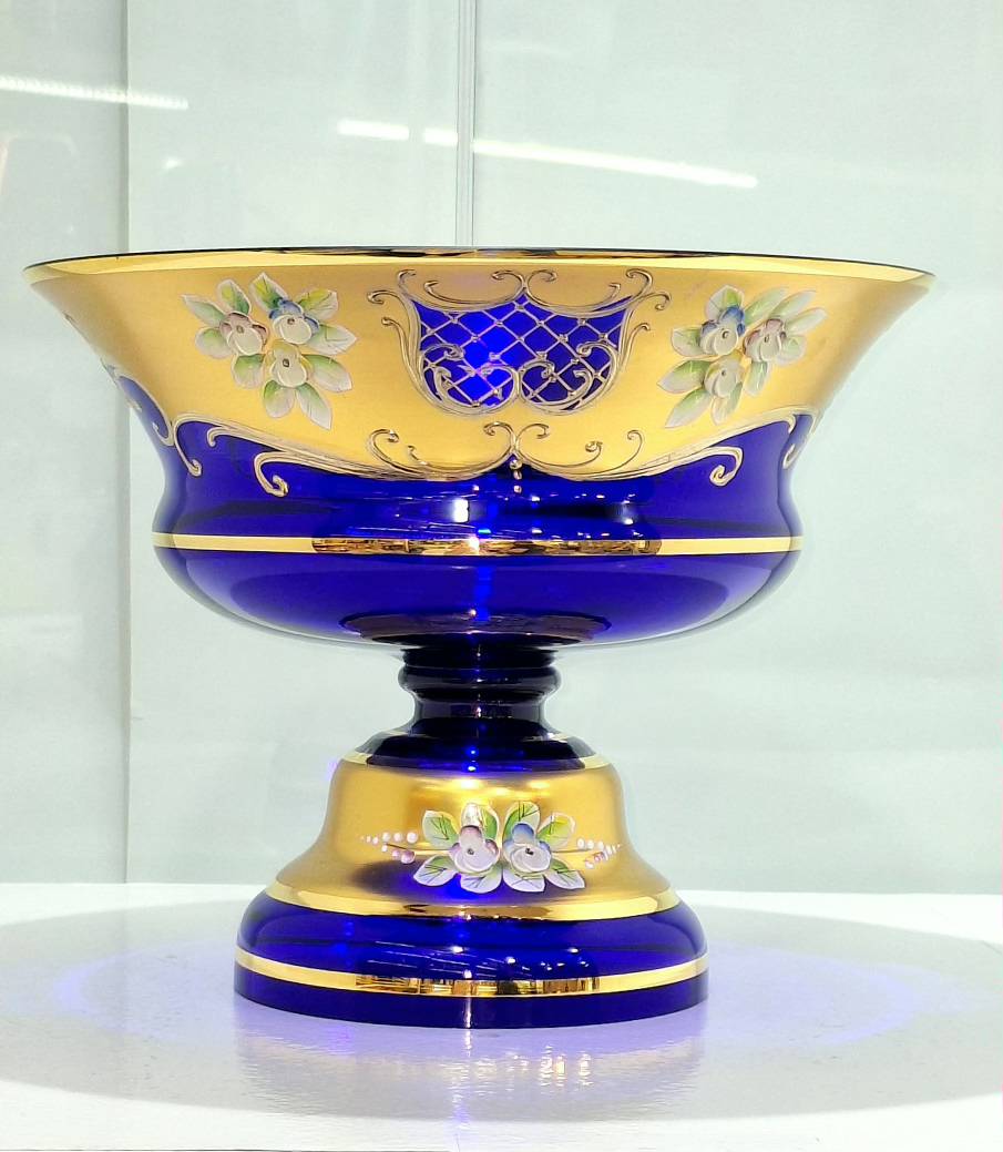میوه خوری سایز کوچک کریستال طلاکوب با گل برجسته اگرمن (آبی کاربنی)