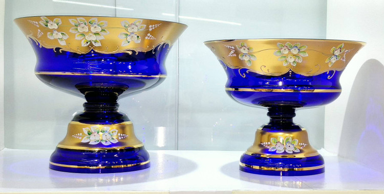 میوه خوری سایز بزرگ کریستال طلاکوب با گل برجسته اگرمن (آبی کاربنی)